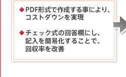 ●PDF形式で作成する事により、コストダウンを実現 ●チェック式の回答欄にし、記入を簡易化することで、回収率を改善